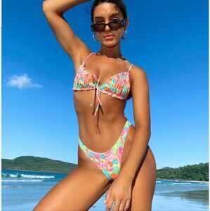 White Fox Boutique Neon Floral Scrunch Strappy Triangle Bikini Top NWT VEGAS